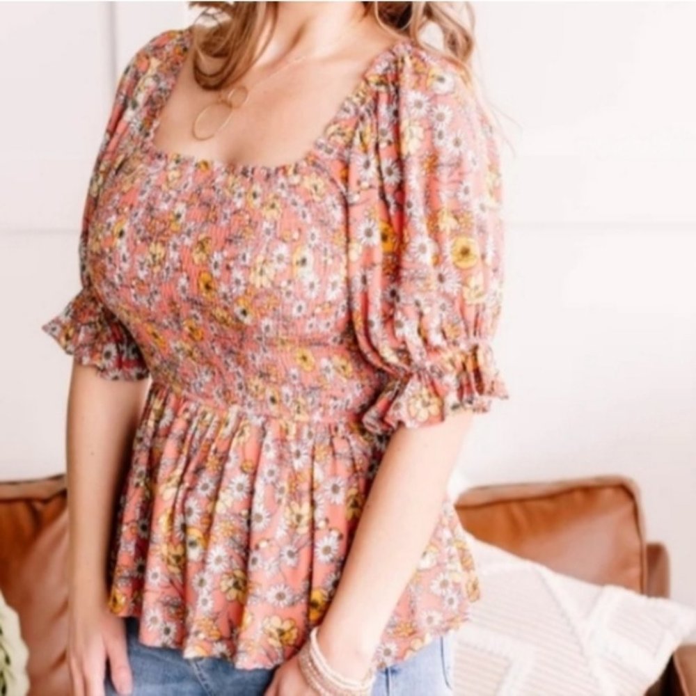 NWOT! Floral Smocked Peplum Top